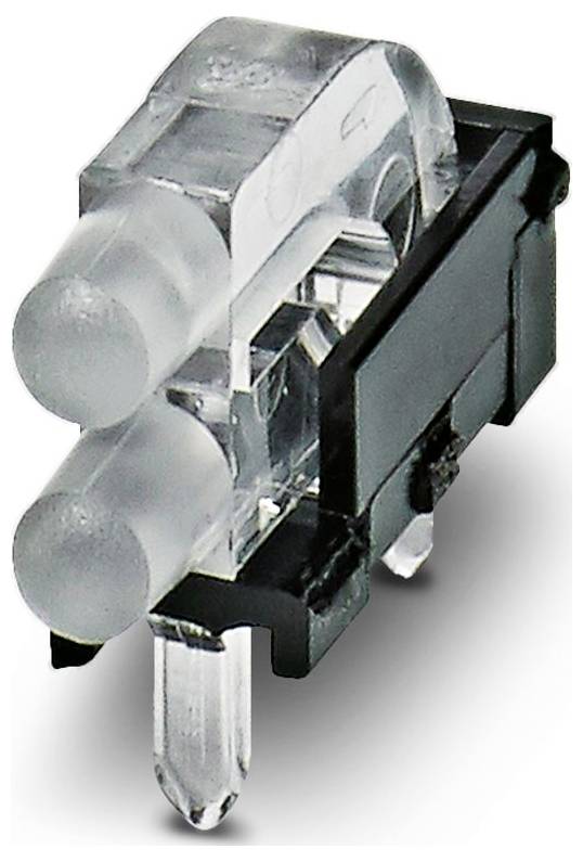 Nahaufnahme einer klaren, dualen LED-Komponente mit zwei zylindrischen Lichtern in einem schwarzen Gehäuse, verwendet auf elektronischen Leiterplatten.