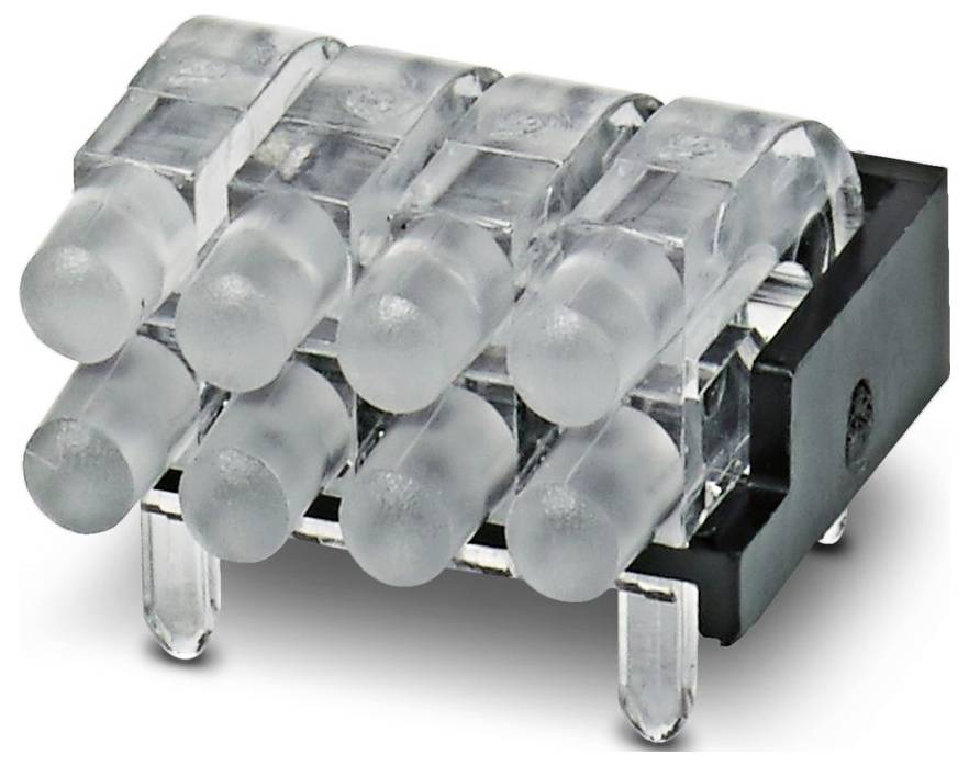 Ein transparentes LED-Display mit acht runden Glühbirnen ist in zwei Reihen auf einer schwarzen Basis angeordnet. Es wird in elektronischen Geräten verwendet.