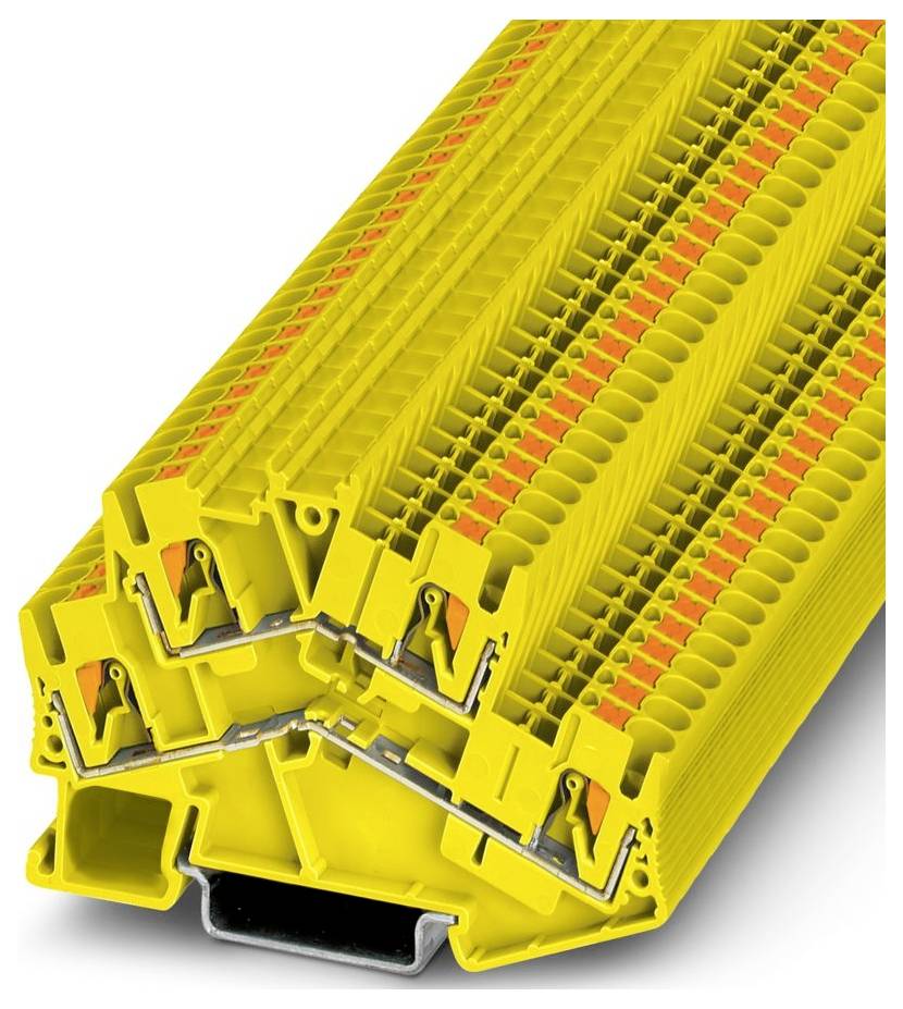 Eine detaillierte Nahaufnahme eines industriellen Klemmleisten-Blocks mit gelben und orangefarbenen Komponenten, die Verbindungspunkte und strukturelles Design zeigt.
