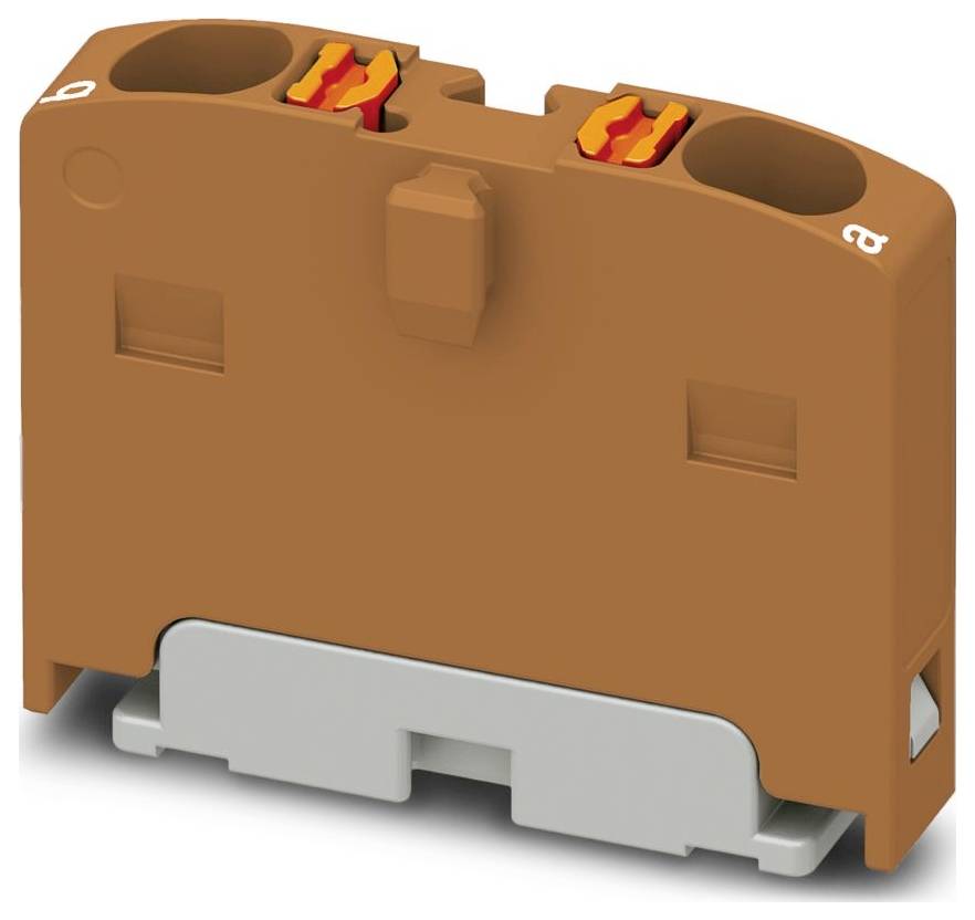 Ein braunes Elektroklemmenboard mit zwei Schlitzen für Drahtverbindungen, mit orangen Entriegelungstasten und gekennzeichnet mit den Nummern 0 und 2.