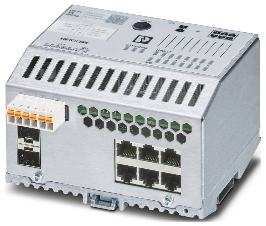 Ein industrieller Ethernet-Switch mit mehreren Anschlüssen für Netzwerkverbindung, mit Markenbezeichnung und Konnektivitätsindikatoren auf dem metallischen Gehäuse.