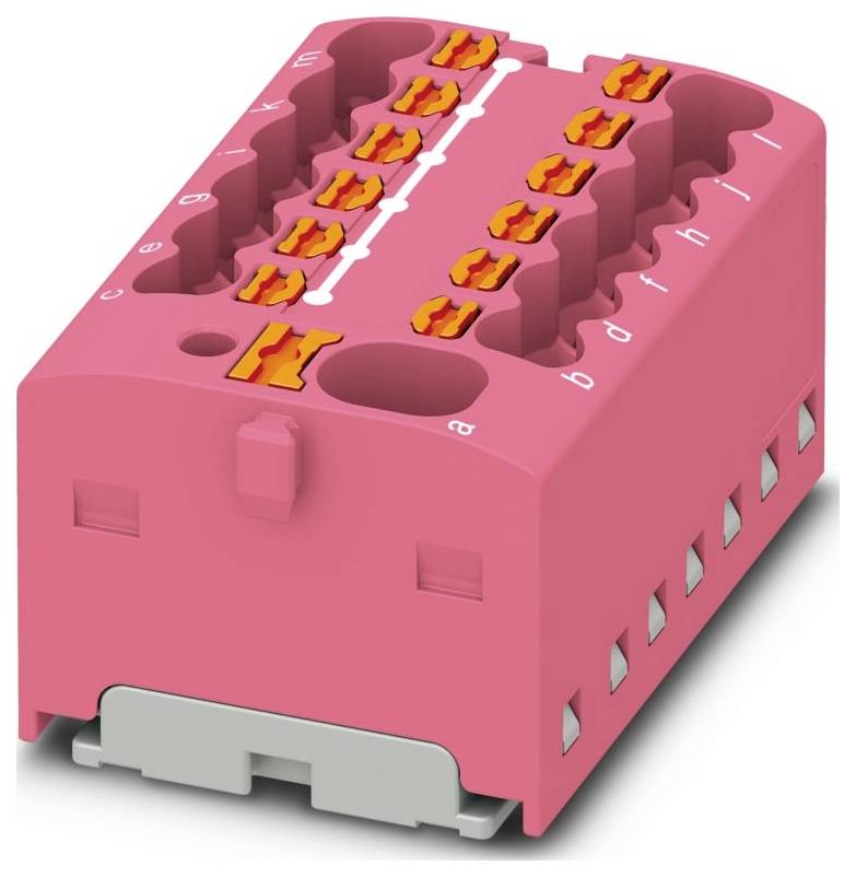 Rosa Klemmleiste mit mehreren Anschllusspunkten, nummeriert für die Verkabelung in elektrischen Installationen, wobei Kompatibilität und Funktionalität hervorgehoben werden.