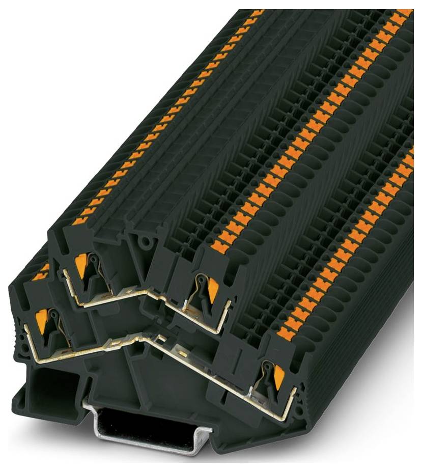 Gestapelte Klemmleisten mit grauen Oberflächen und orangefarbenen Akzenten, mit modularem Design für elektrische Verbindungen in industriellen Umgebungen.