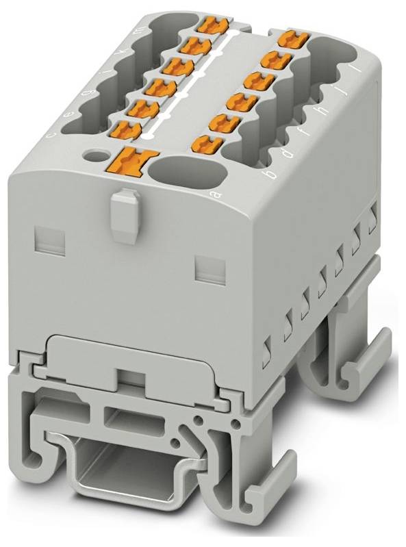 Ein graues Elektroklemmenblöcke mit mehreren orangefarbenen Anschlußpunkten, konzipiert zur Montage auf einer DIN-Schiene.