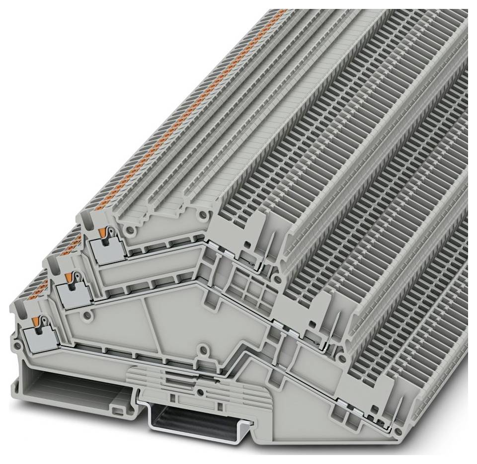 Ein Stapel verschachtelter grauer modularer elektrischer Klemmenblöcke mit mehreren Anschlüssen und orangefarbenen Hebeln zum Sichern von Drähten.
