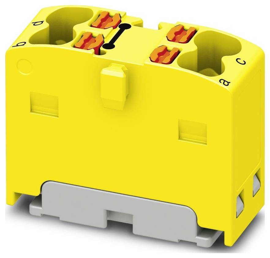 Graues Industrialschnellbaulklemmenblock mit drei Ebenen, jede mit mehreren Anschlußpunkten, die durch orangefarbene Laschen gekennzeichnet sind, entwickelt für Stromkreise.