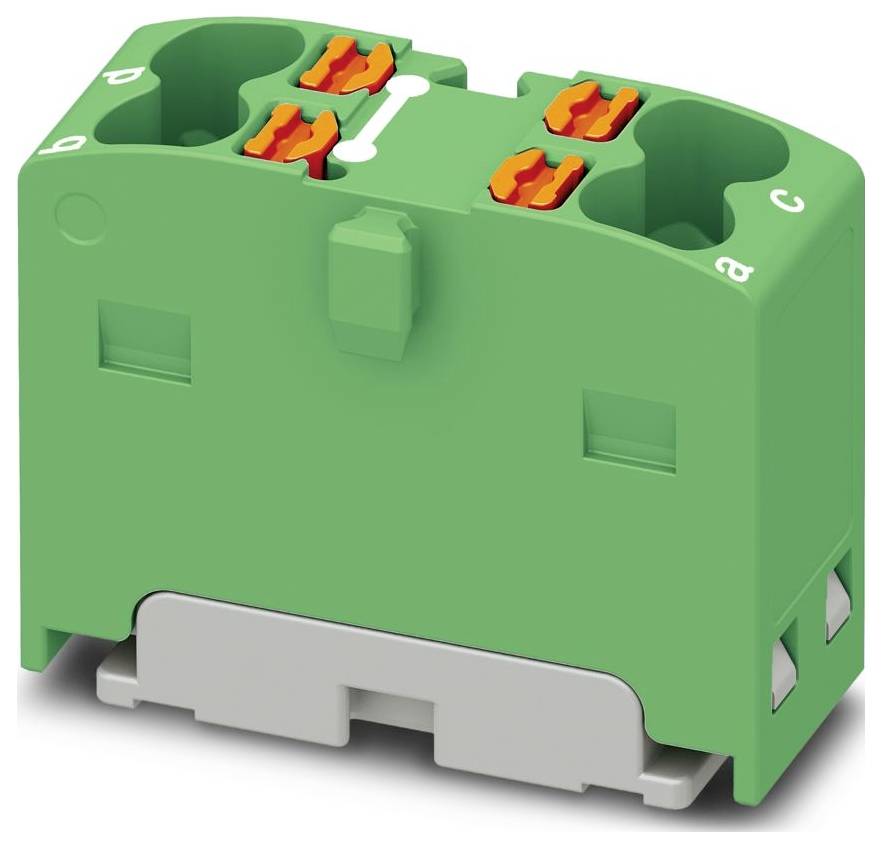 Ein grüner Elektroanschlussblock mit vier orangefarbenen Anschlüssen oben. Er hat markierte Seiten mit den Bezeichnungen A, B, C und D und eine graue Grundplatte.