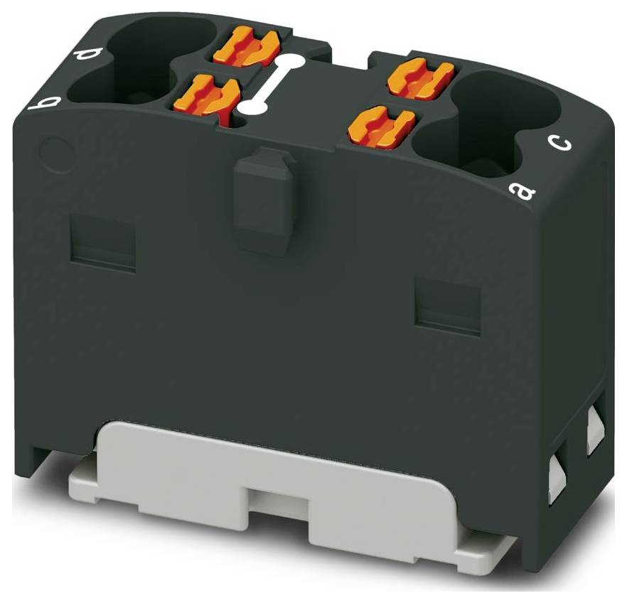 Ein grau-grünes elektrisches Klemmleistenblock mit orangefarbenen Hebeln und beschrifteten Steckplätzen von „a
