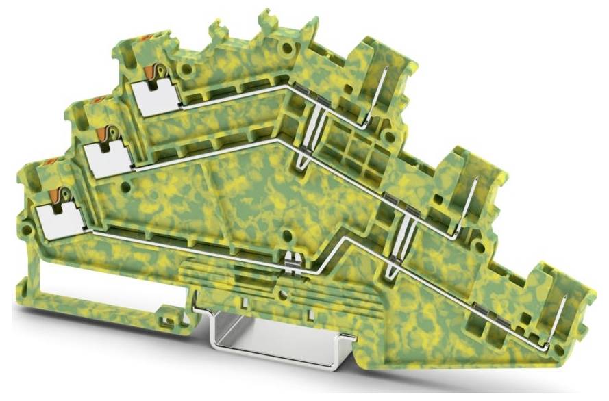 Bunte elektronische Leiterplatte mit einem einzigartigen Tarnmuster aus Grün und Gelb, das komplizierte Pfade und Metallverbindungen aufweist.