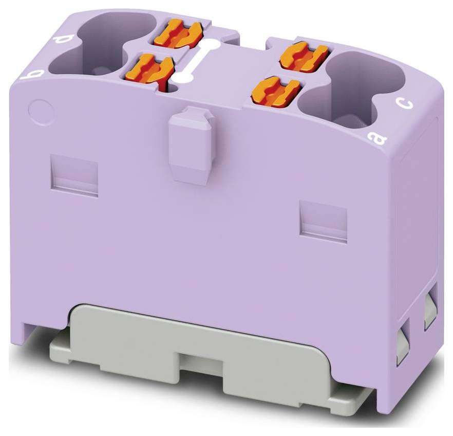 Ein violetter Elektrostecker-Block mit vier orangefarbenen Kontaktpunkten, der für sichere Elektrodrahtverbindungen verwendet wird.