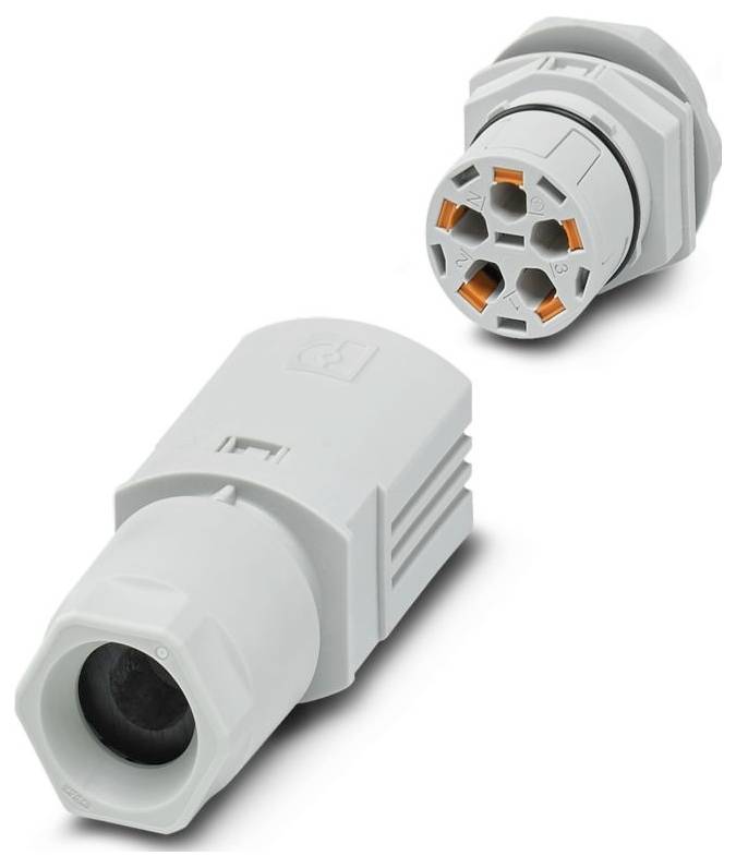 Zwei graue Industriestecker mit orangefarbigen internen Komponenten, nebeneinander ausgerichtet. Die Stecker sind für sichere elektrische Verbindungen ausgelegt.
