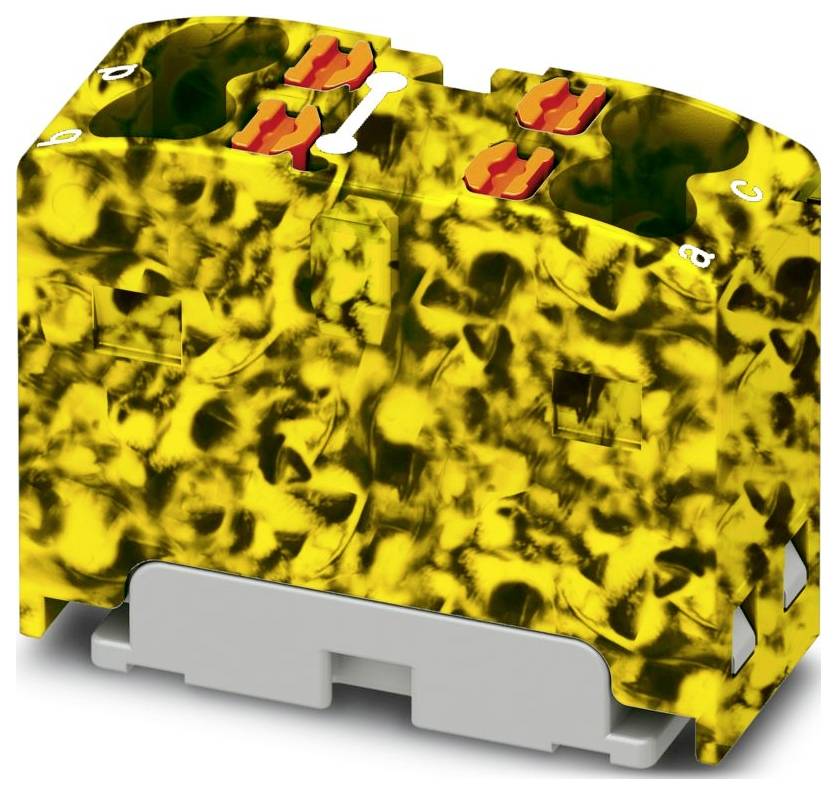 Ein doppeltes Elektroklemmenblok mit gelbem Muster auf der Außenseite, ausgestattet mit zwei orangefarbenen Steckverbindern oben, zum Befestigen von Drähten konzipiert.