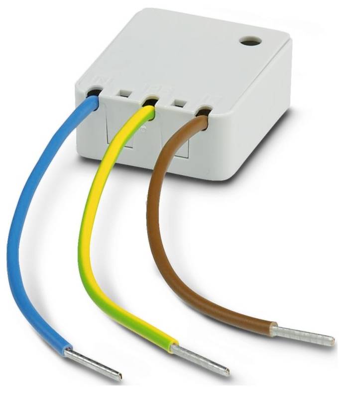 Eine kleine weiße elektrische Verteilerdose mit blauen, gelb-grünen und braunen Drähten, die nach außen verlaufen und eine Verdrahtungsverbindungsanlage veranschaulichen.