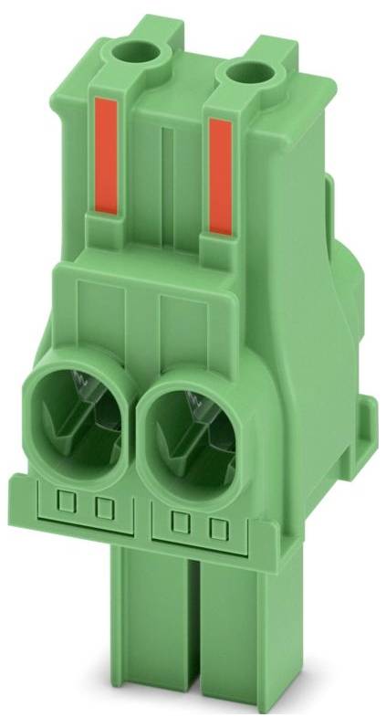 Ein grüner, zweifach geschlitzter elektrischer Stecker mit roten Markierungen oben, konzipiert für industrielle oder elektronische Verwendung, von vorne gesehen.