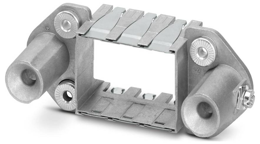 Metallische Halterungskomponente mit zwei zylindrischen Verlängerungen und einer rechteckigen Öffnung, entwickelt für industrielle oder mechanische Montageanwendungen.