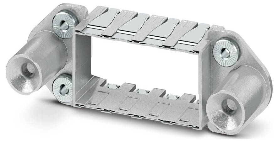Ein metallisches Industriesteckverbindergehäuse mit rechteckiger Form, ausgestattet mit kreisförmigen Vorsprüngen und Befestigungsschrauben an jedem Ende.