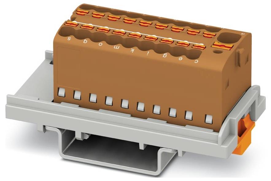 Braunes Elektroterminalblock mit mehreren Drahteinführungspunkten und Beschriftung für verschiedene Verbindungen.