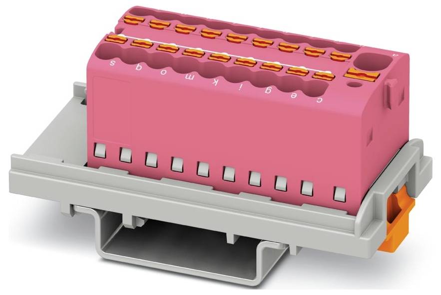 Ein grün und orange farbener Elektrostecker mit mehreren beschrifteten Anschlussplätzen zum Verdrahten, der auf einer grauen Basis montiert ist und für Schaltungsverbindungen verwendet wird.