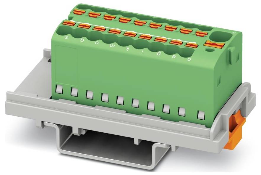 Ein Stapel modularer Industrie-Klemmleisten, verbunden und in einem Verschlüsselungsmuster angeordnet, zeigt verschiedene farbige Kanäle.