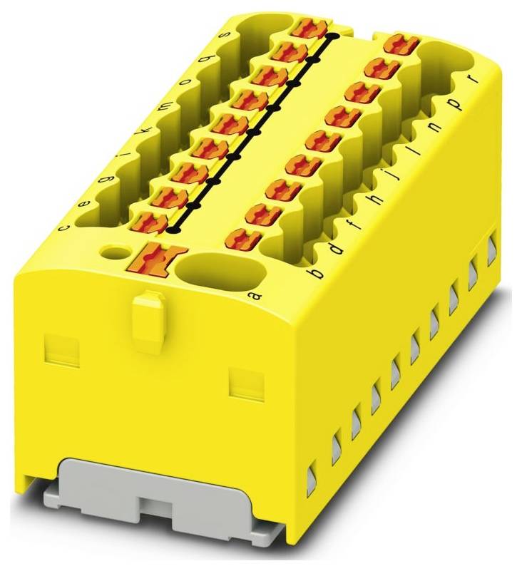 Ein gelbes Klemmleistenblock mit mehreren Anschllusspunkten, die mit Buchstaben und Zahlen gekennzeichnet sind, wird für die Verdrahtung in elektrischen Installationen verwendet.