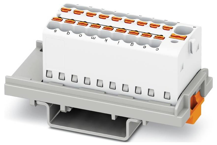 Ein weiß-grauer Elektrosteckerklemmenblock mit mehreren kleinen orangefarbenen Hebeln, montiert auf einer grauen Basis, wird zur Befestigung von Elektrokabeln verwendet.