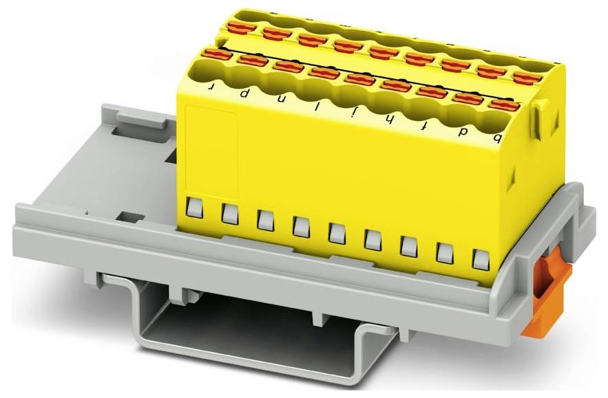 Ein gelber Klemmblock mit beschrifteten Anschlüssen, montiert auf einer grauen Halterung. Orange Markierungen kennzeichnen die Verbindungspunkte.