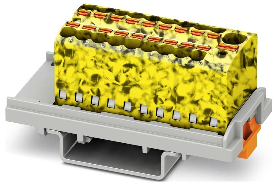 Eine elektronische Komponente mit gelbem und orangefarbenem Oberteil, mit mehreren Anschlüssen, montiert auf einer grauen Basis mit einer orangefarbenen Verriegelung.
