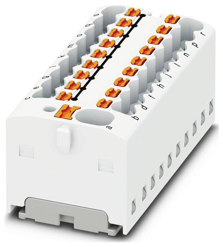 Ein weißes Anschlussfeld mit mehreren orangefarbenen Hebelverbindungen, beschriftet mit Buchstaben. Wird zur Organisierung und zum Verbinden von elektrischen Schaltkreisen verwendet.