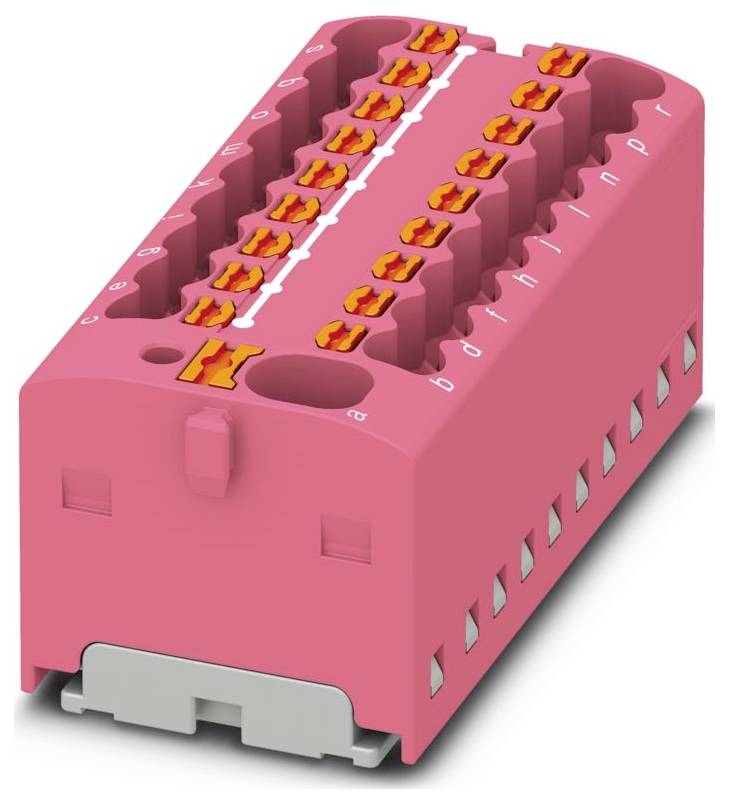 Ein violetter Elektrosteckerblock mit orangefarbenen Klemmen, auf einer grauen Basis montiert, konstruiert zum Organisieren und Sichern mehrerer Drähte.