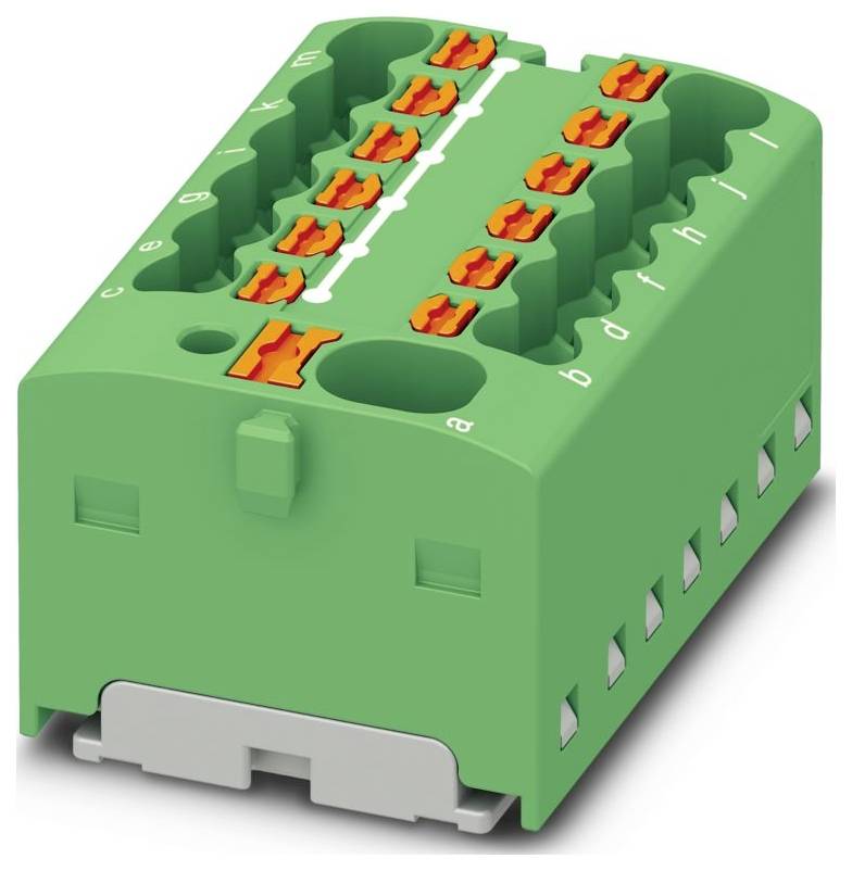 A green electrical connector block with multiple orange terminal points and white numbering, used for organizing and connecting wires.