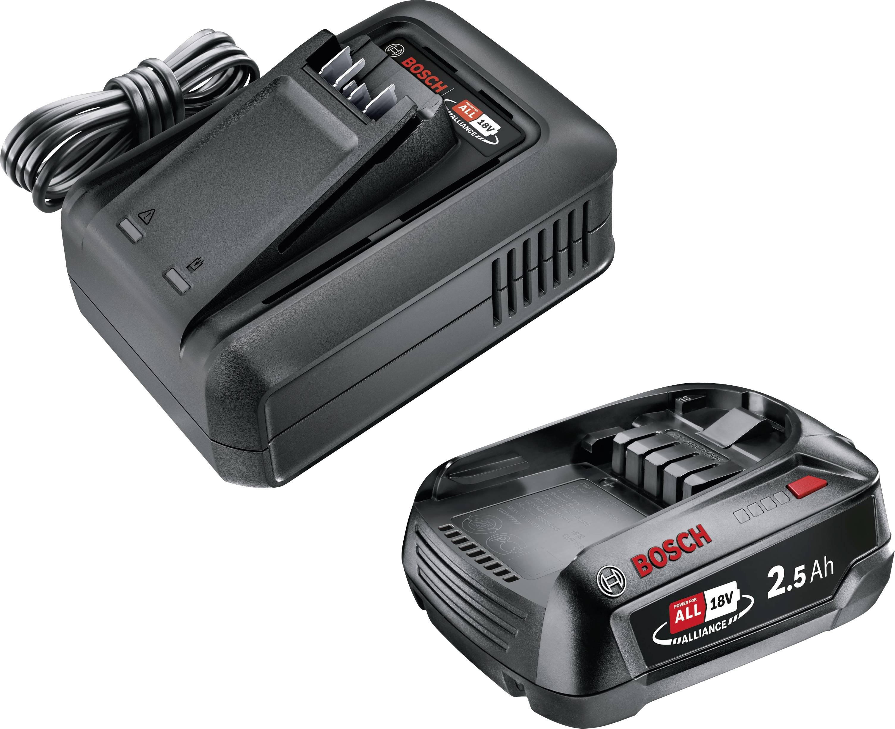 Bosch 18V-Ladegerät mit einem aufladbaren 2,5-Ah-Akku, der die Kompatibilität im Bosch 18V-System zeigt.