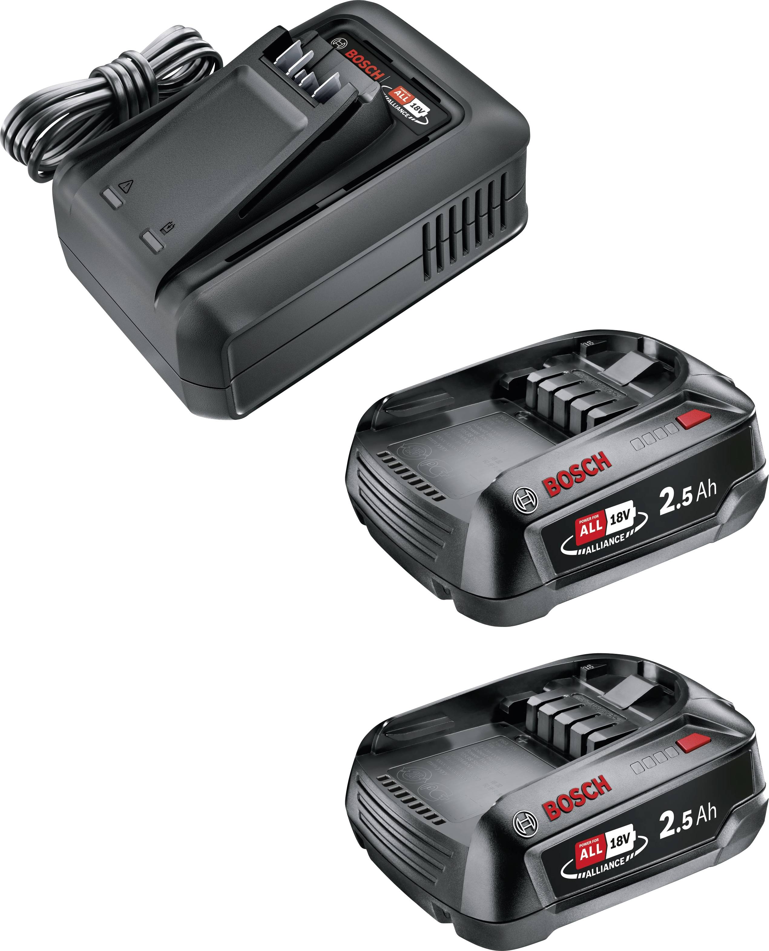 Bosch 18V-Ladegerät und zwei 2,5Ah-Akkus, geeignet für Elektrowerkzeuge. Akkus sind mit ‚Power for ALL 18V' gekennzeichnet.