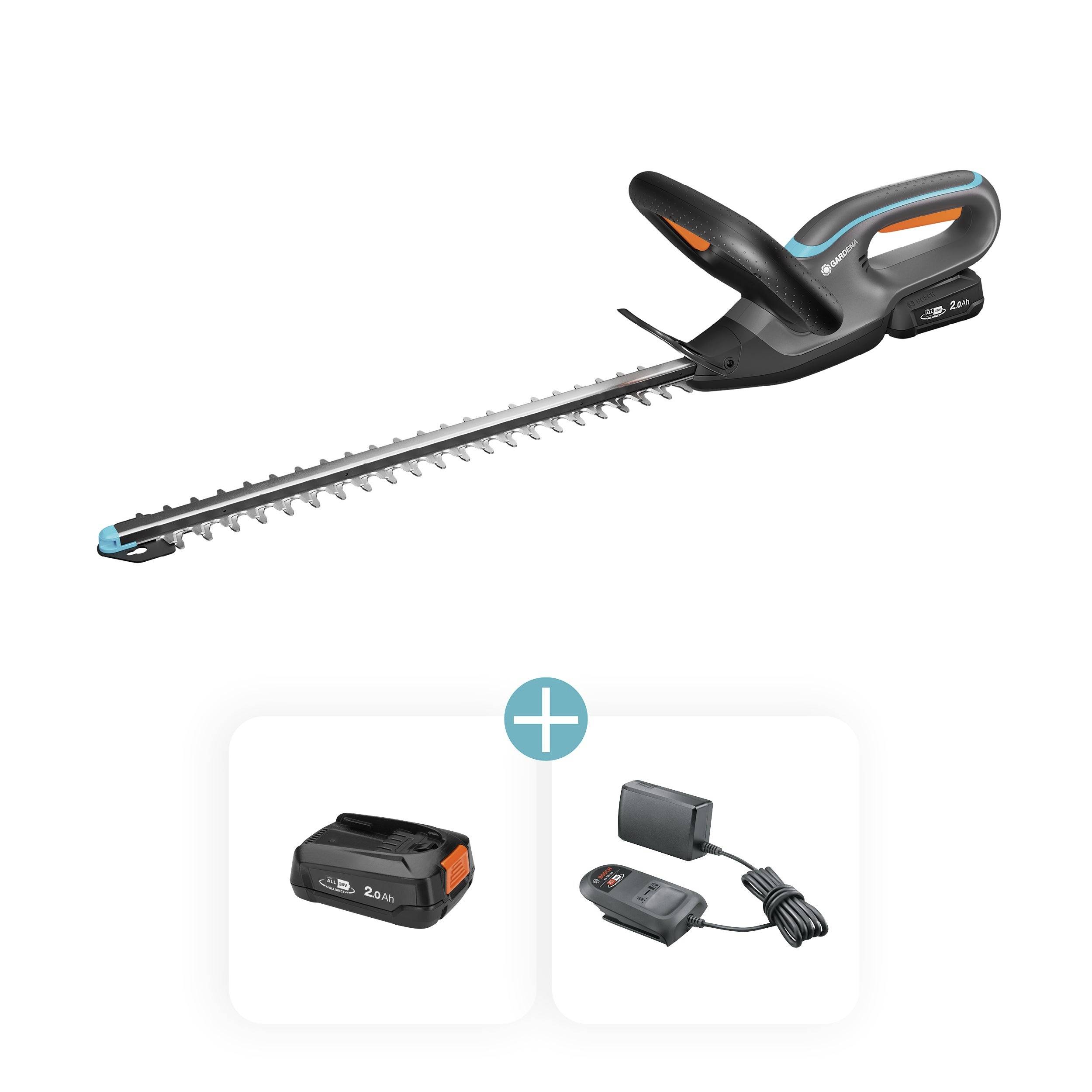 Akku-Heckenschere mit wiederaufladbarem Akku und Ladegerät-Set, die ein ergonomisches Design und scharfe Doppelaktions-Klingen zum Trimmen präsentiert.