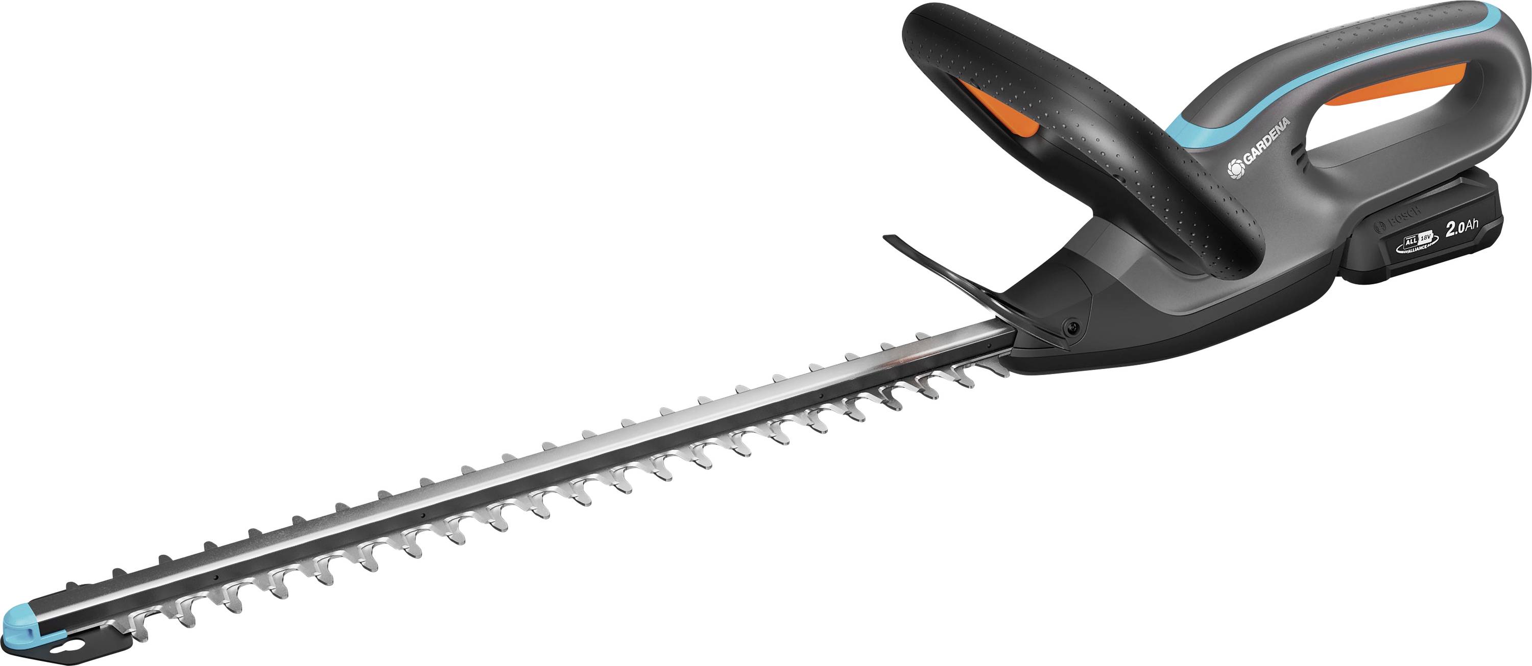 Ein kabelloser elektrischer Heckenschneider mit langer Klinge und ergonomischem Griff, entwickelt für effizientes Trimmen und einfache Handhabung.