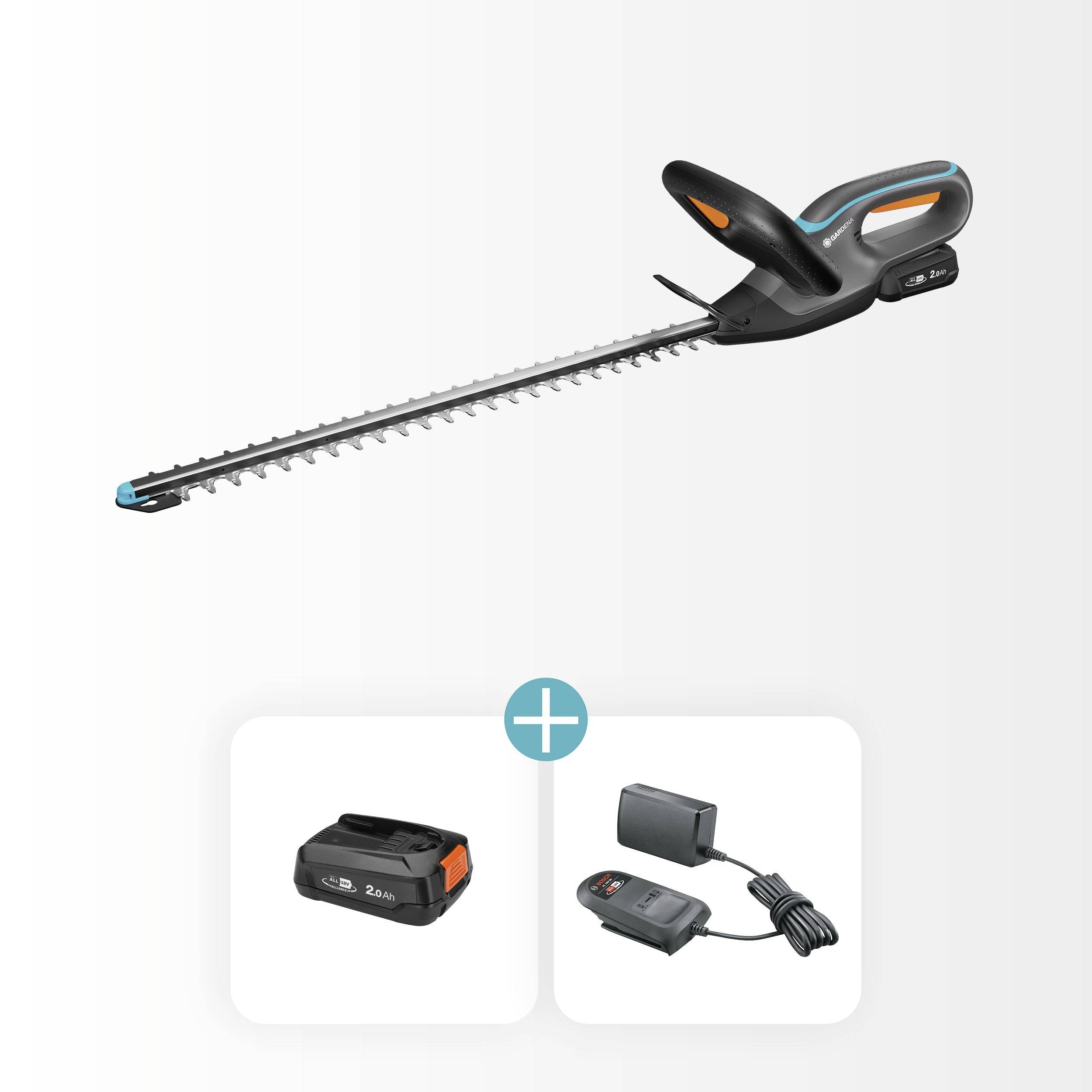 Ein kabelloser Heckenschneider auf weißem Hintergrund mit Akku und Ladegerät, die unten mit einem Pluszeichen verbunden sind.