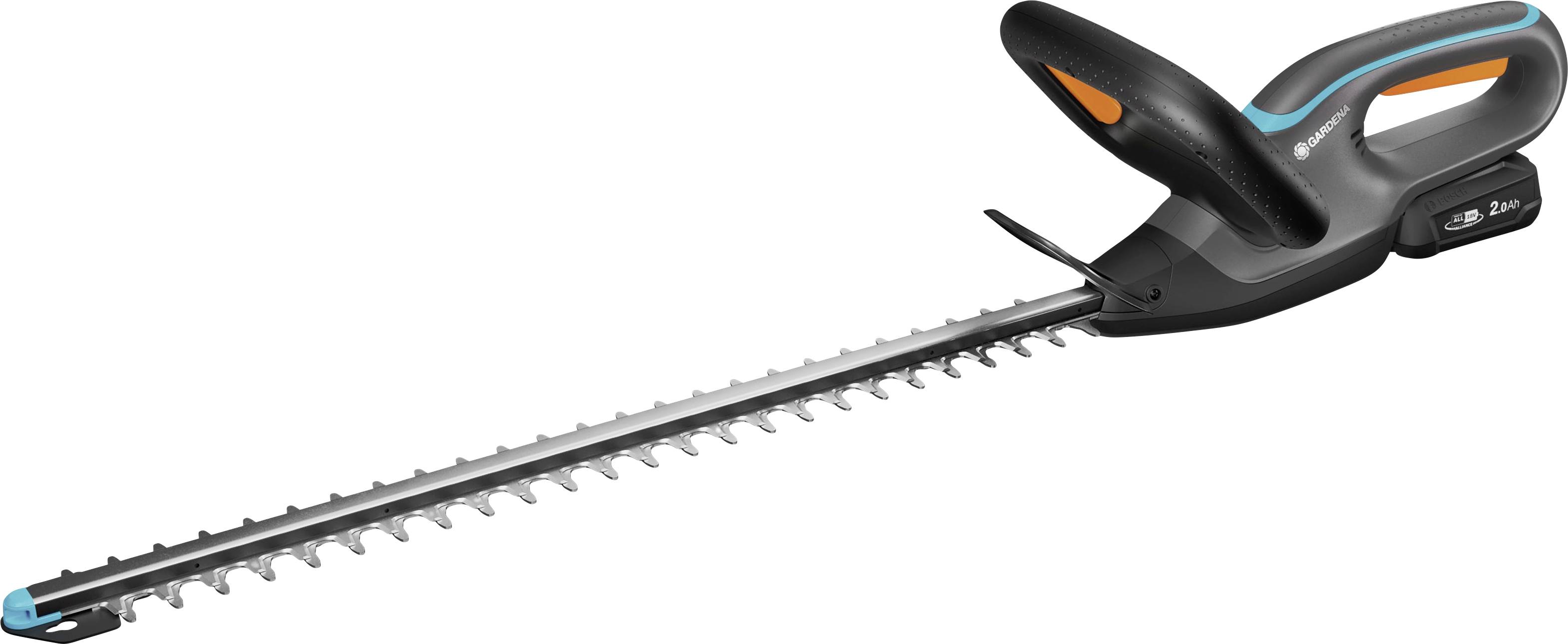 Akku-Heckenschere mit langer Klinge und ergonomischem Griff, entwickelt für effizientes Trimmen und Formen von Hecken und Sträuchern.