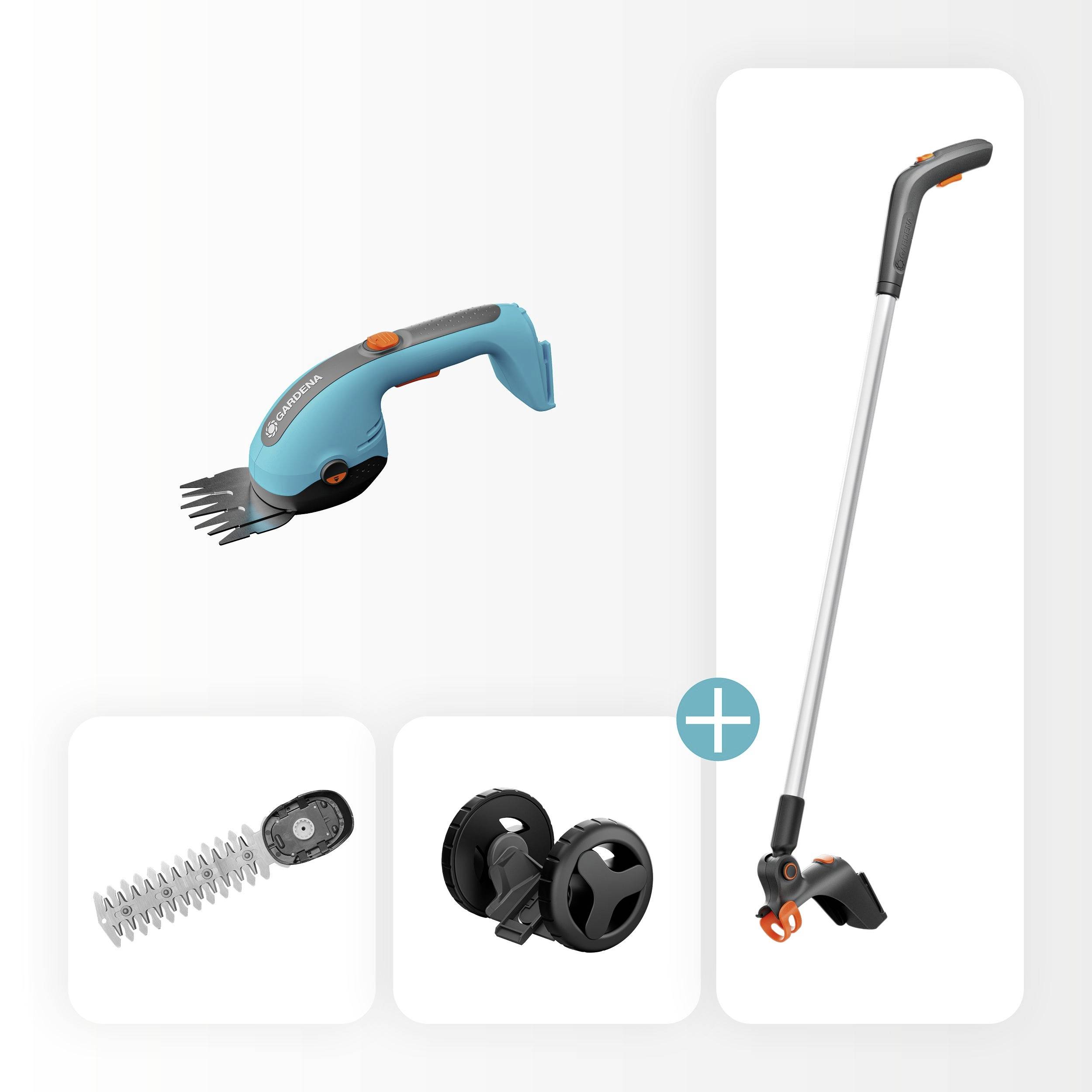 Ein kabellose Grasscherensatz, der das Hauptwerkzeug, verschiedene Anbauteile und einen Verlängerungsgriff zum Erreichen unterschiedlicher Bereiche zeigt.