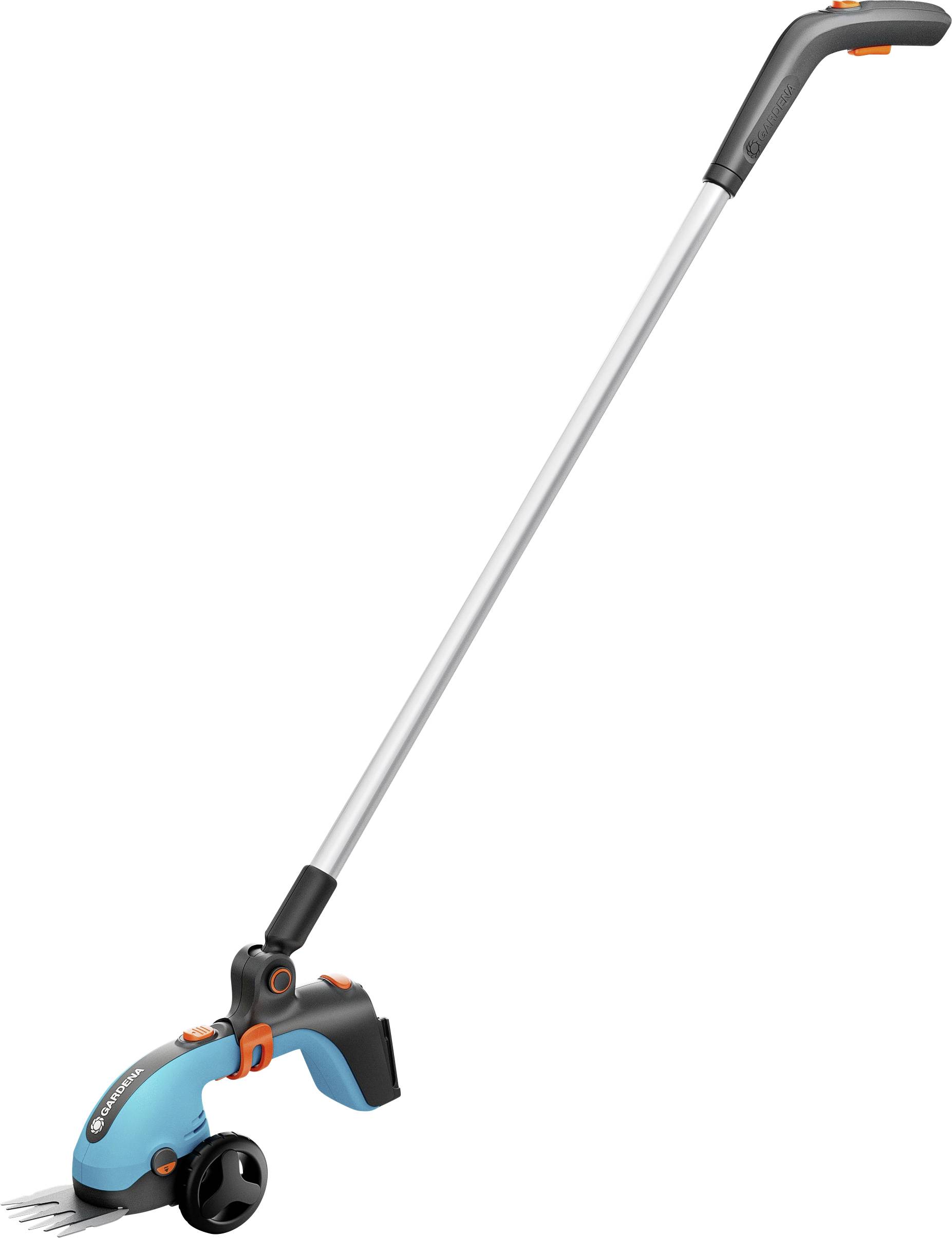 Elektrischer Rasentrimmer mit langem Griff, blau-schwarzem Gehäuse, orangefarbenen Akzenten und einem Rad für einfache Handhabung.