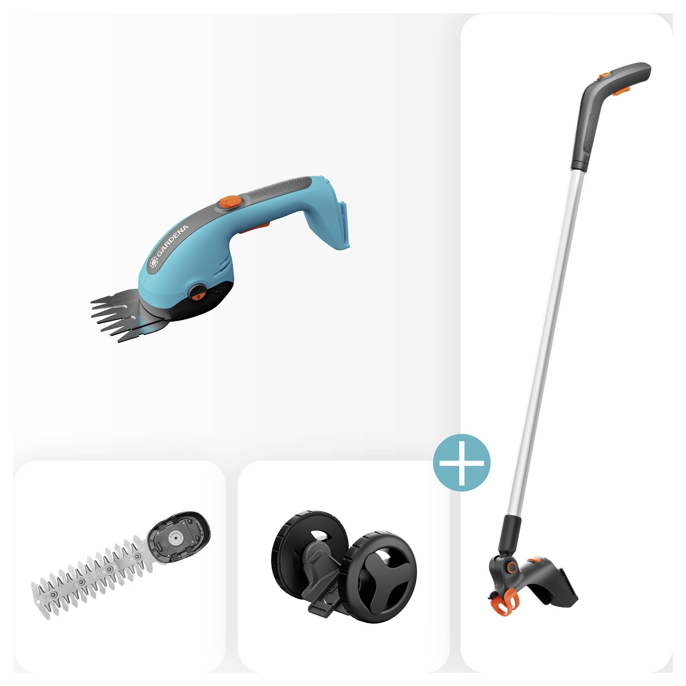 Gartengeräte-Set mit einer tragbaren Grasschere, Verlängerungsgriff, Schneideklingen und Rädern für Kant- und Trimm-Arbeiten.