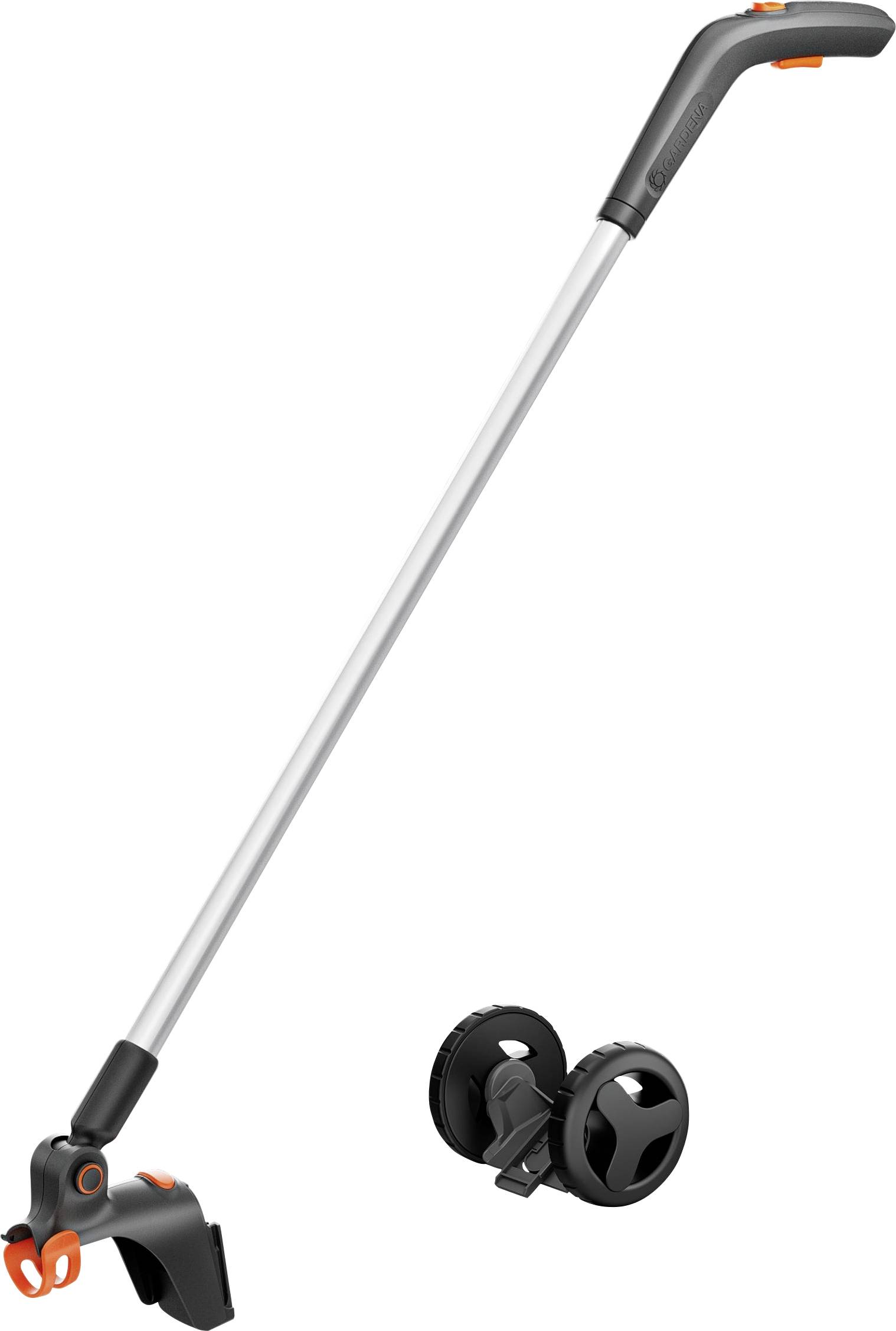 Elektrischer Rasentrimmer mit langem Griff und abnehmbarem Rad für Gartenpflege. Schwarz-orange Design.