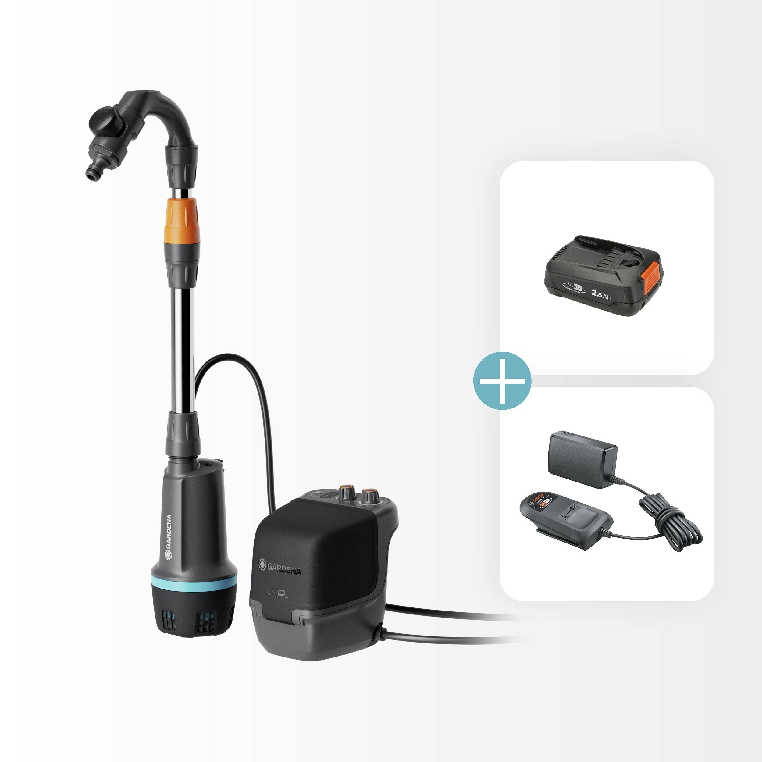 Gardena Aquabloom Set enthält eine Pumpe, Steuereinheit, Solarpanel und Batterie. Effizientes Tropfbewässerungsset für Gärten.