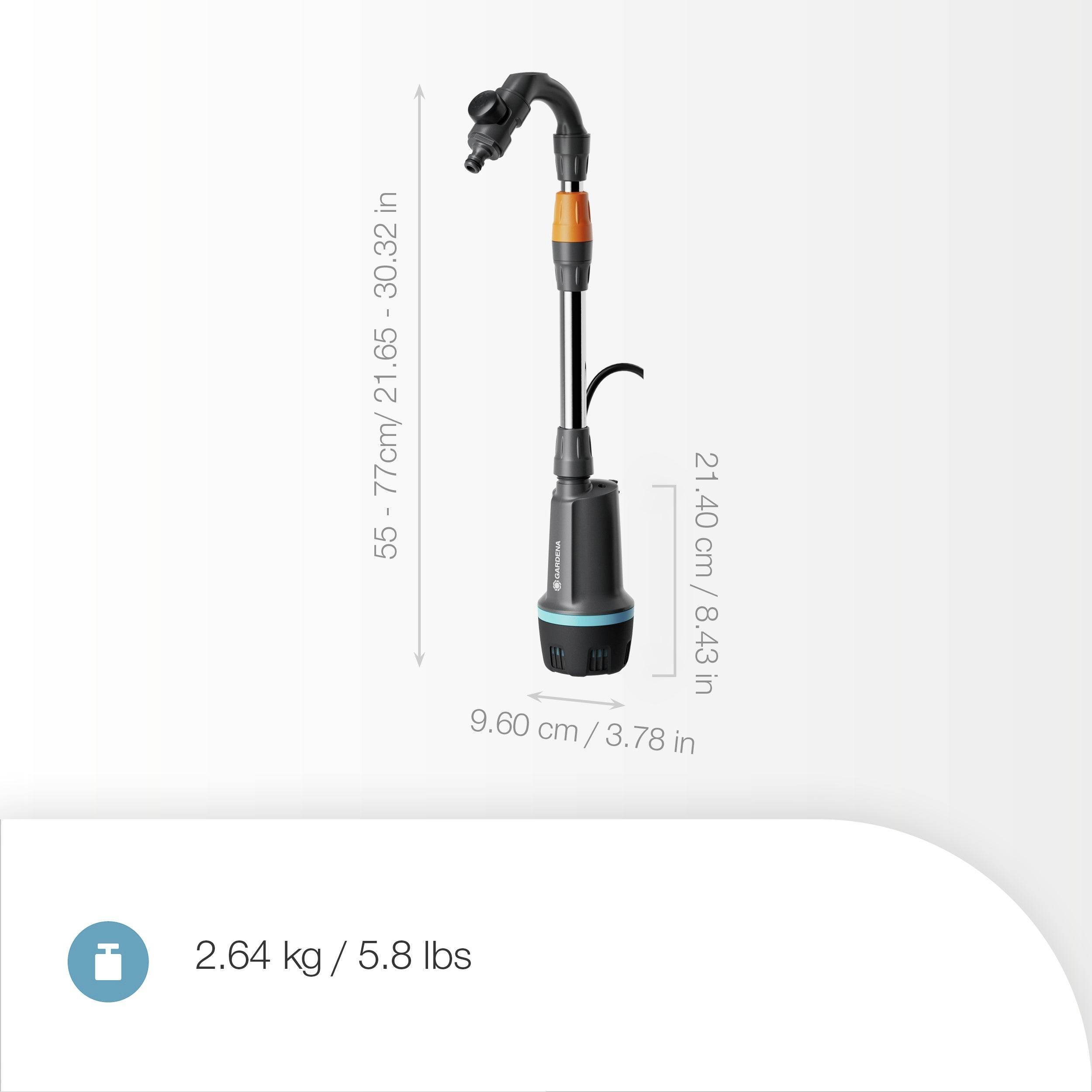 Das Bild zeigt einen Roboterarm mit folgenden Abmessungen: Höhe 55,77 cm (21,96 Zoll) bis 76,92 cm (30,29 Zoll), Basisdurchmesser 9,60 cm (3,78 Zoll), Gewicht 2,64 kg (5,8 Pfund).