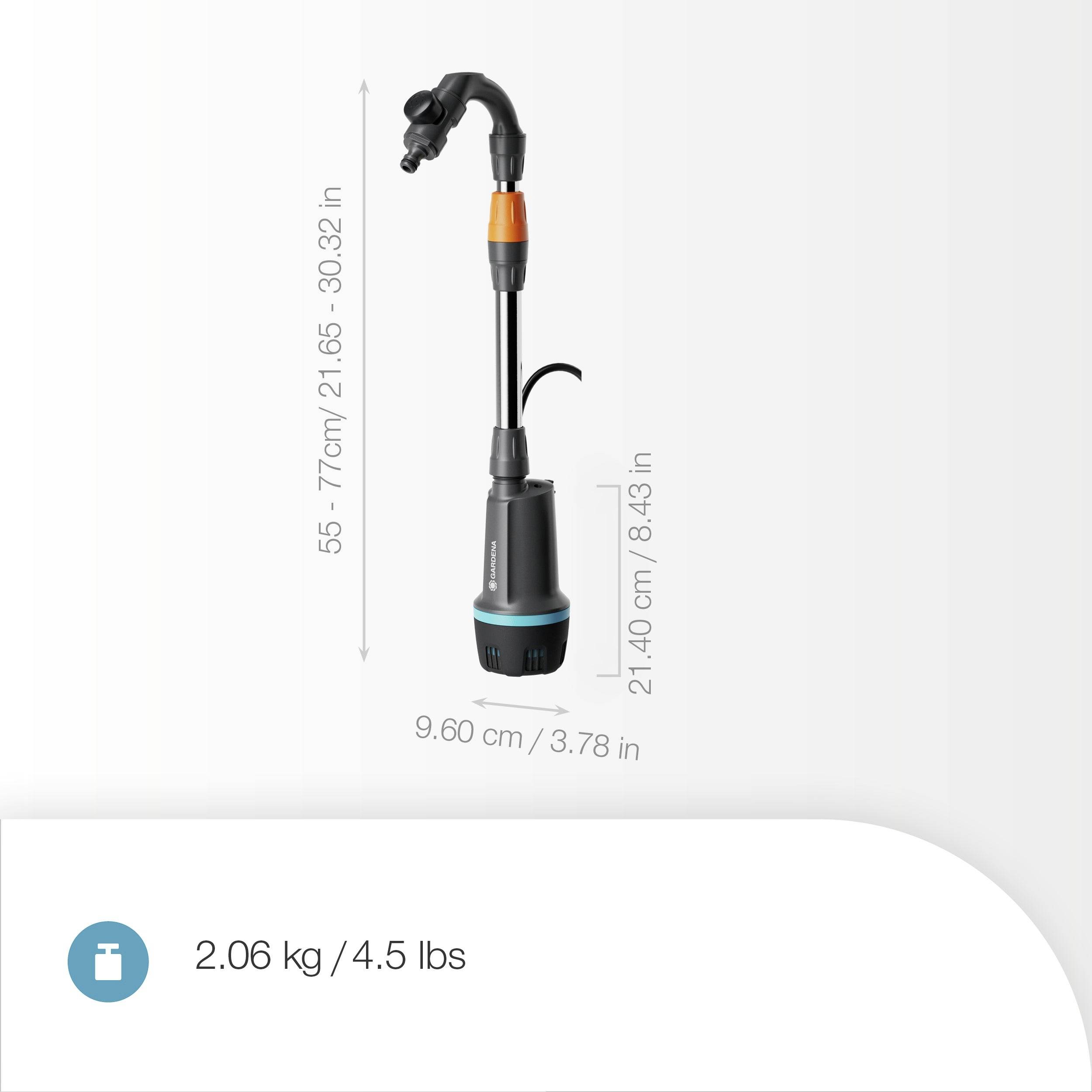 Verstellbare elektrische Pumpe Abmessungen: Höhe 55-77 cm/21,65-30,32 Zoll; Basis 9,60 cm/3,78 Zoll; Gewicht 2,06 kg/4,5 Pfund.