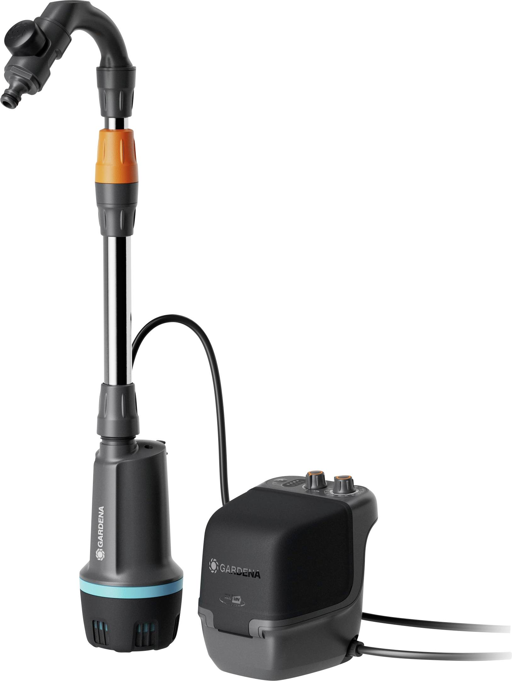 Ein Gardena Automatische Wasserpumpen-Gerät, bestehend aus einer Pumpe und Steuereinheit, konzipiert für effiziente Gartenbewässerung.