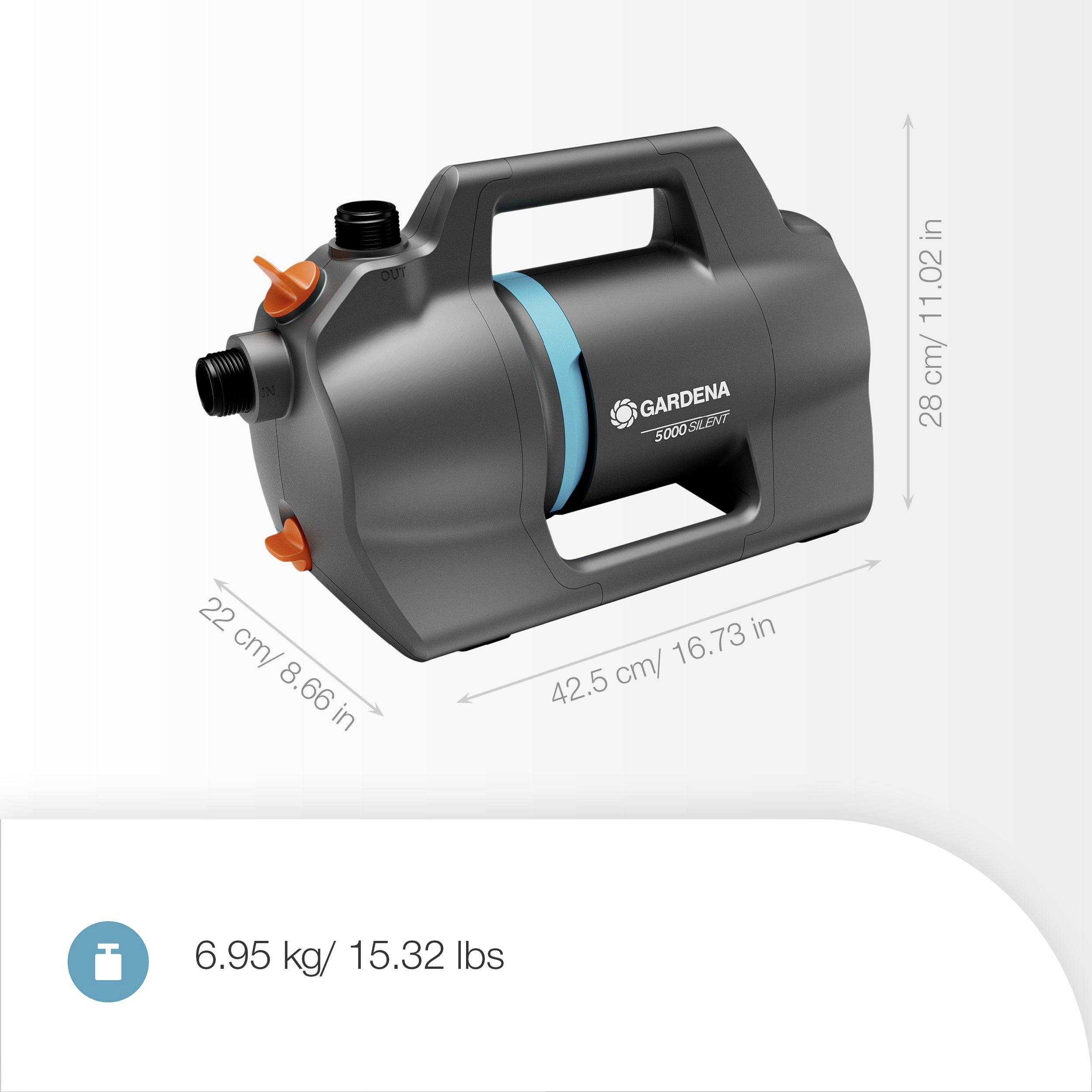 Eine schwarze Gardena Gartenpumpe, Modell 3600 Silent, mit Maßangaben: 42,5 cm lang, 22 cm breit, 28 cm hoch. Gewicht: 6,95 kg.