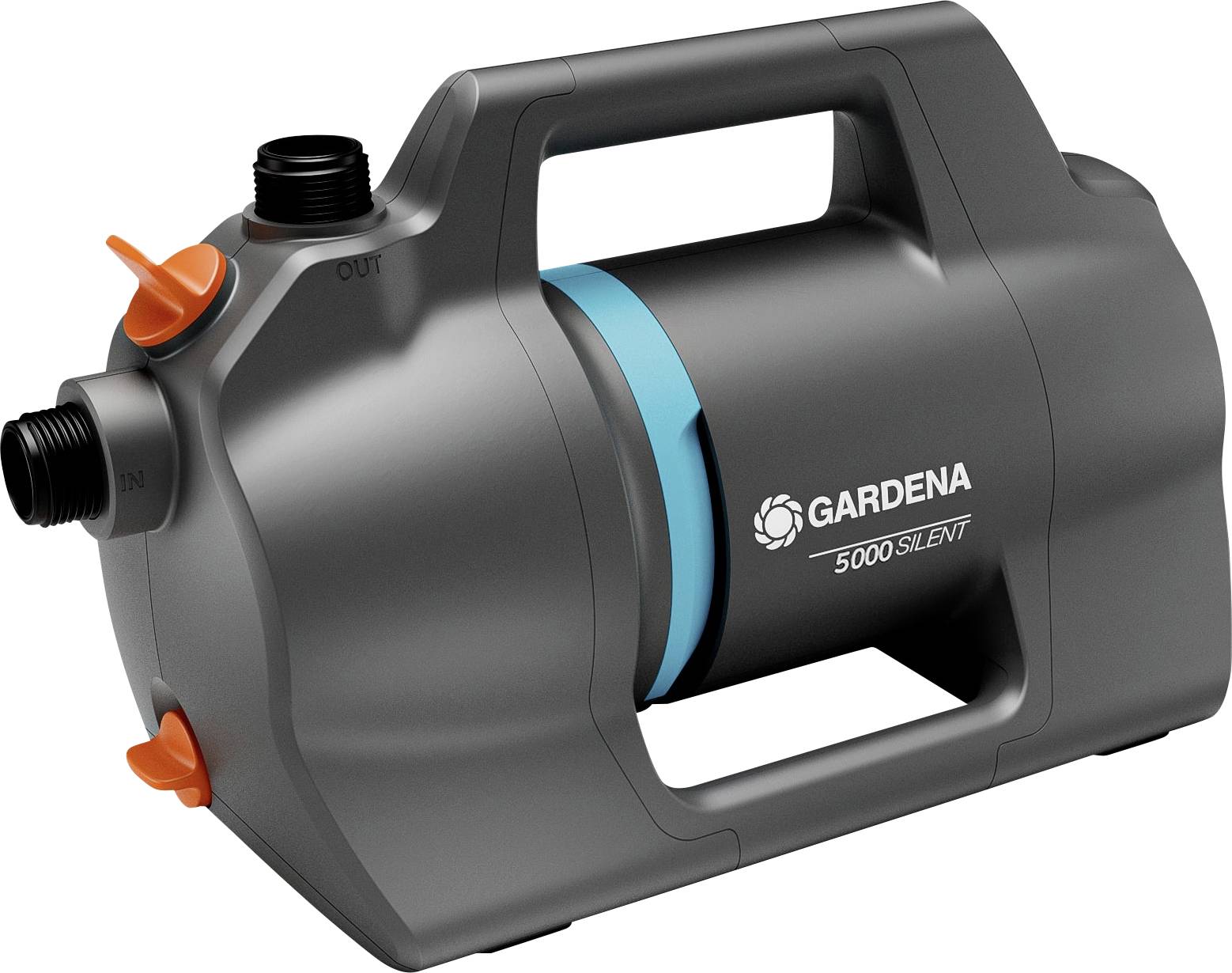 Eine kompakte Gardena 5000 Silent Gartenwasserpumpe mit grauem Gehäuse, blauen Details und orangefarbenen Anschlüssen, die für effiziente und leise Wasserförderung entwickelt wurde.