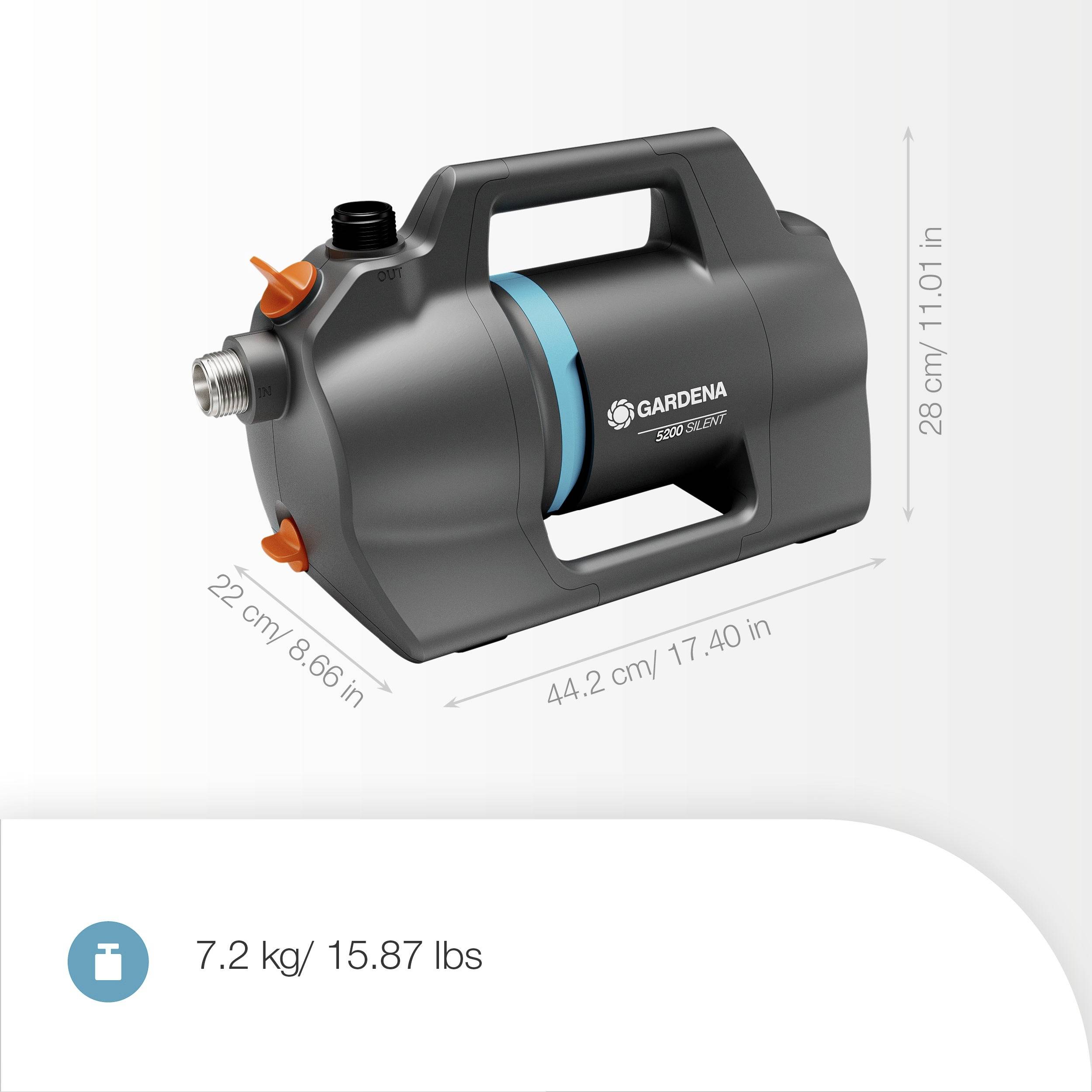 Gartenpumpe von 'Gardena' mit Abmessungen: Höhe 28 cm (11,01 Zoll), Länge 44,2 cm (17,40 Zoll), Breite 22 cm (8,66 Zoll), Gewicht 7,2 kg (15,87 Pfund).