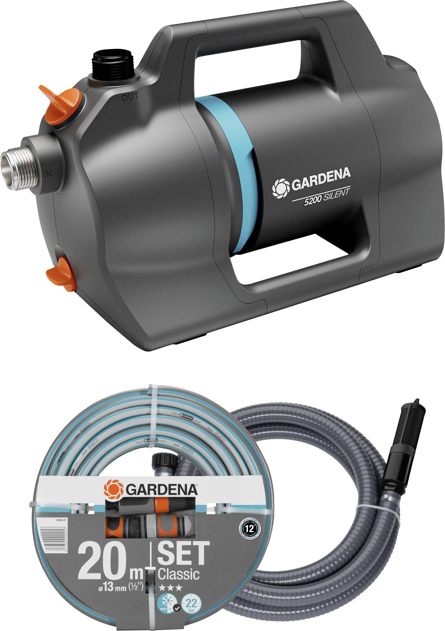 Gardena Gartenpumpe 3000/4 Set; enthält Pumpe und 20-Meter-Schlauch; geeignet zum Bewässern und Abpumpen von Wasser im Garten.