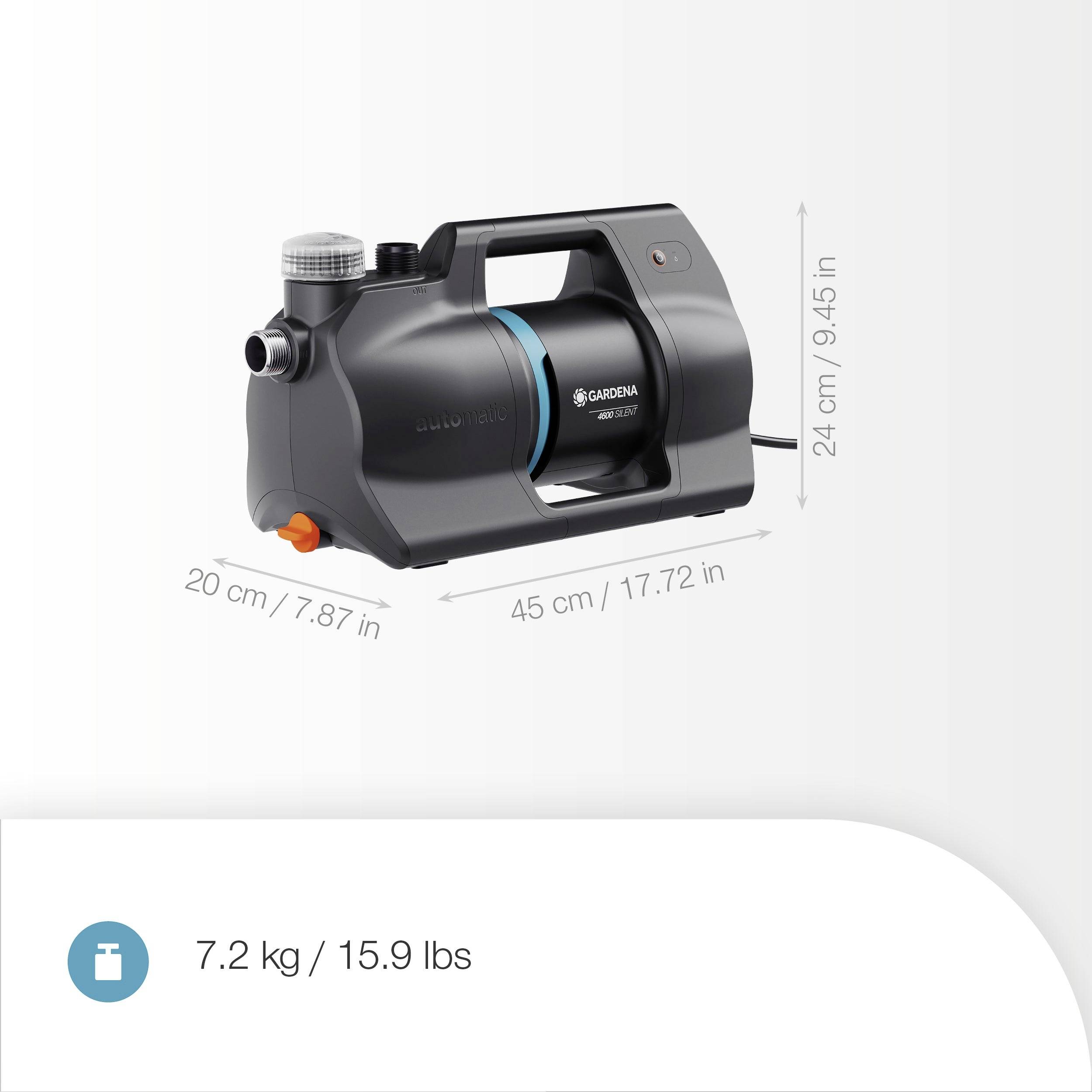 Eine kompakte, schwarze Wasserpumpe mit beschrifteten Abmessungen: 20 cm breit, 45 cm lang, 24 cm hoch, mit einem Gewicht von 7,2 kg (15,9 lbs).