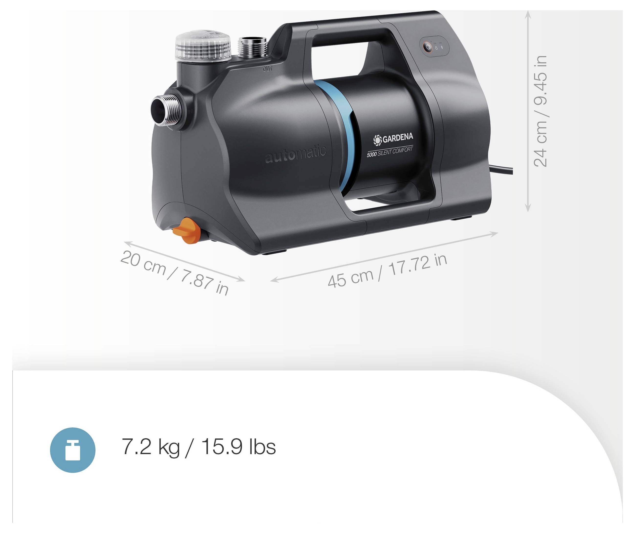 Der 'GARDENA Drucktank' ist eine kompakte schwarze Pumpe mit einer Höhe von 24 cm, einer Breite von 45 cm und einer Tiefe von 20 cm mit einem Gewicht von 7,2 kg (15,9 lbs).